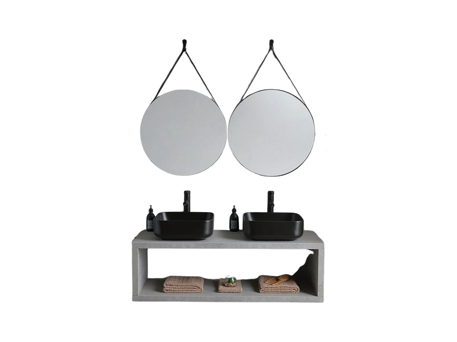 Meuble de salle de bain suspendu gris « Naxos » 120 cm avec double vasque carrée noire mate et miroirs ronds