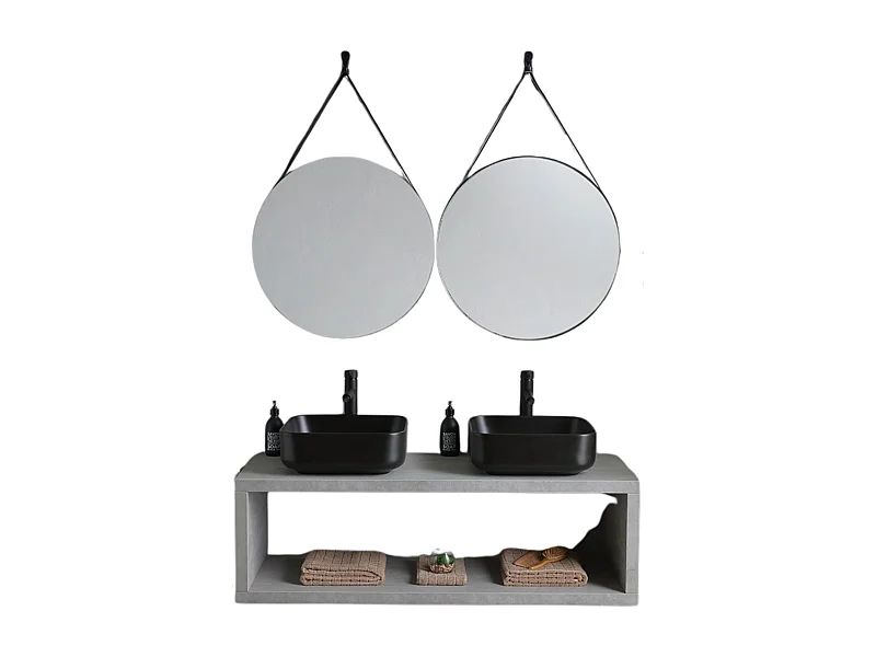 Mobile bagno sospeso grigio "Naxos" 120 cm con doppio lavabo quadrato nero opaco e specchi rotondi