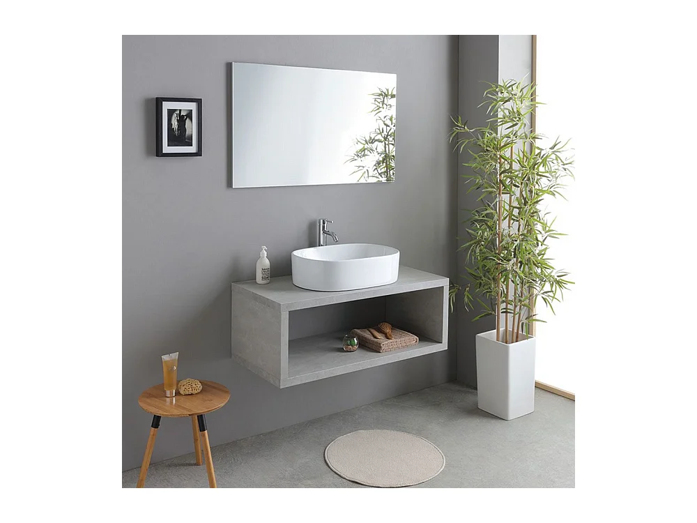 Meuble de salle de bain suspendu gris « Samos » 100 cm avec vasque ovale en céramique et miroir simple
