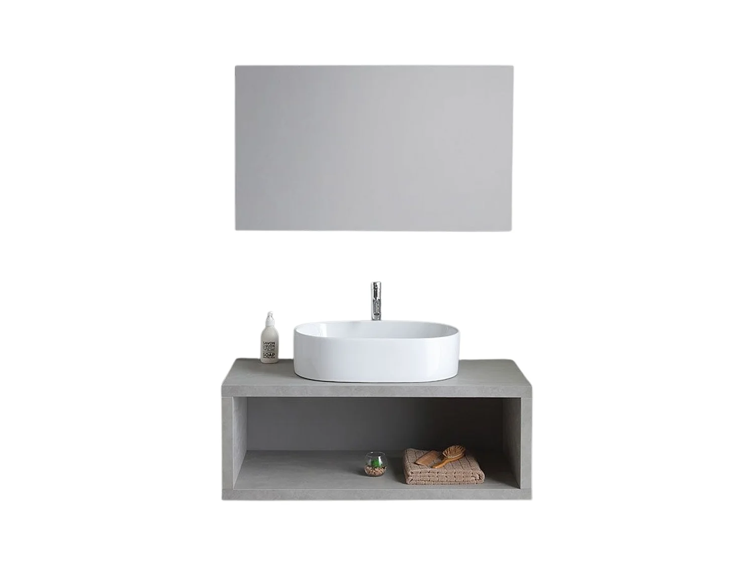Meuble de salle de bain suspendu gris « Samos » 100 cm avec vasque ovale en céramique et miroir simple