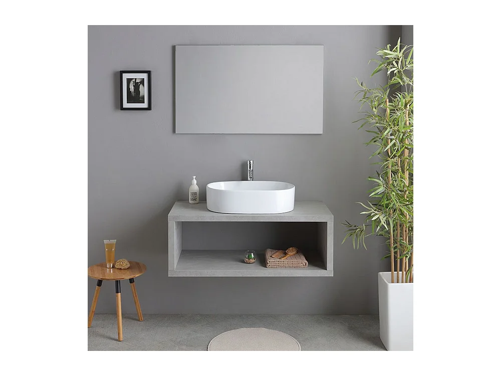 Meuble de salle de bain suspendu gris « Samos » 100 cm avec vasque ovale en céramique et miroir simple