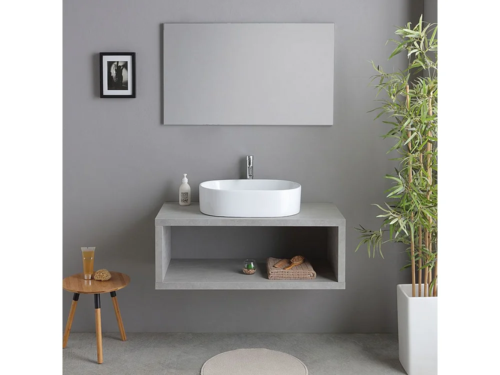 Móvel de casa de banho suspenso "Samos" 100 cm cinzento com lavatório oval em cerâmica e espelho simples
