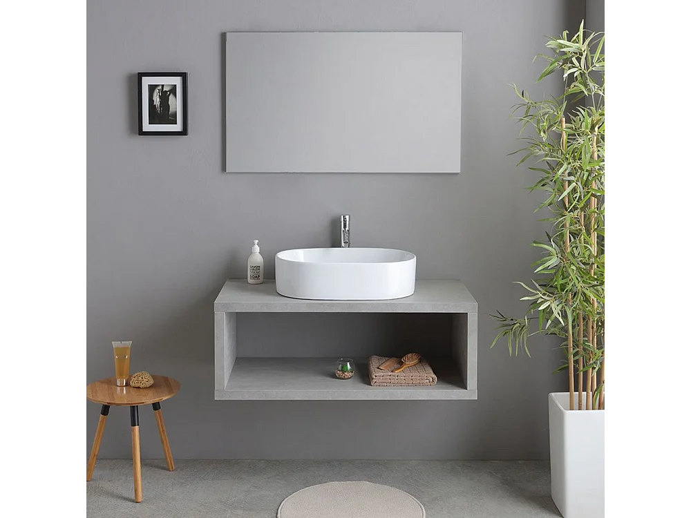 Móvel de casa de banho suspenso "Samos" 100 cm cinzento com lavatório oval em cerâmica e espelho simples