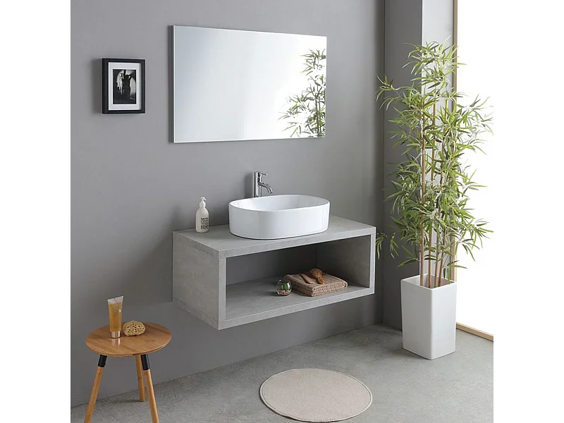 Mobile bagno sospeso grigio "Samos" 100 cm con lavabo in ceramica ovale e specchio semplice