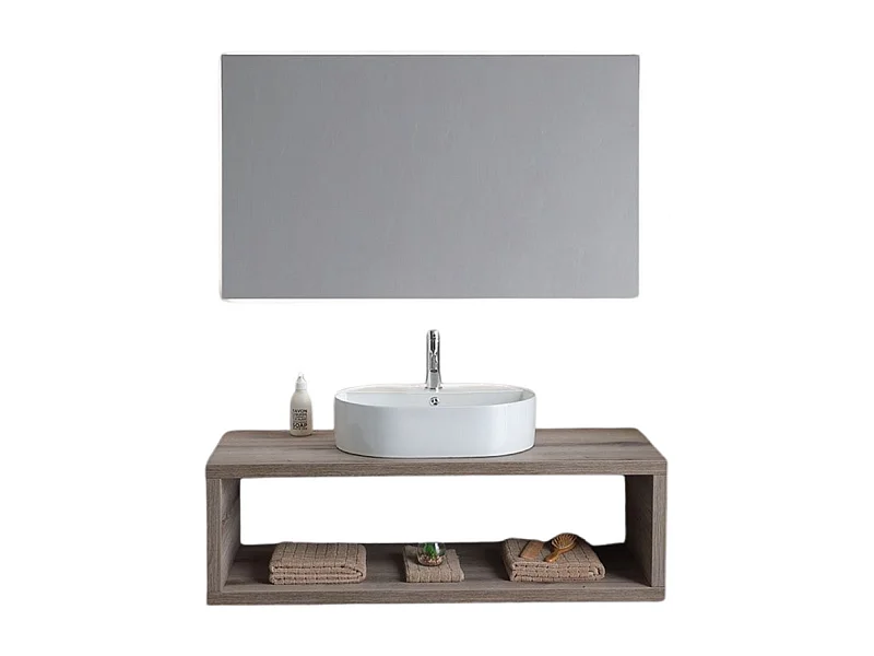 Mobile bagno sospeso rovere fossile "Samoa" 120 cm con lavabo ovale e specchio rettangolare LED