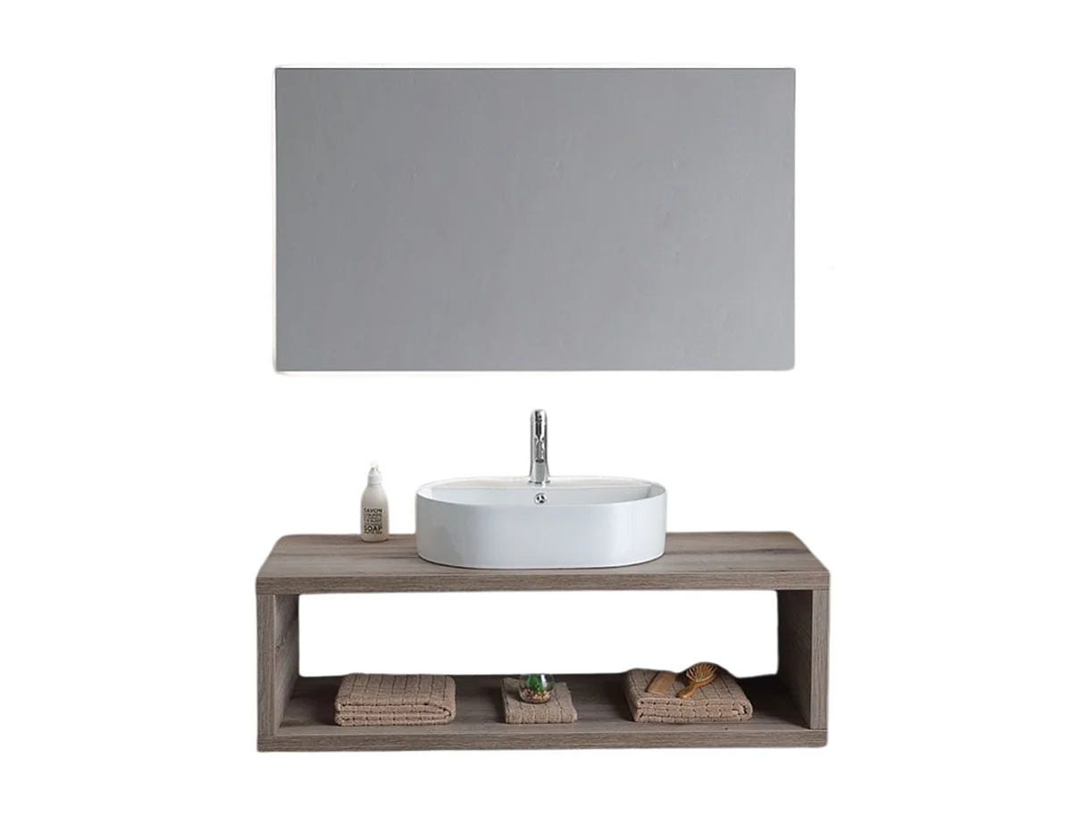 Mobile bagno sospeso rovere fossile "Samoa" 120 cm con lavabo ovale e specchio rettangolare LED
