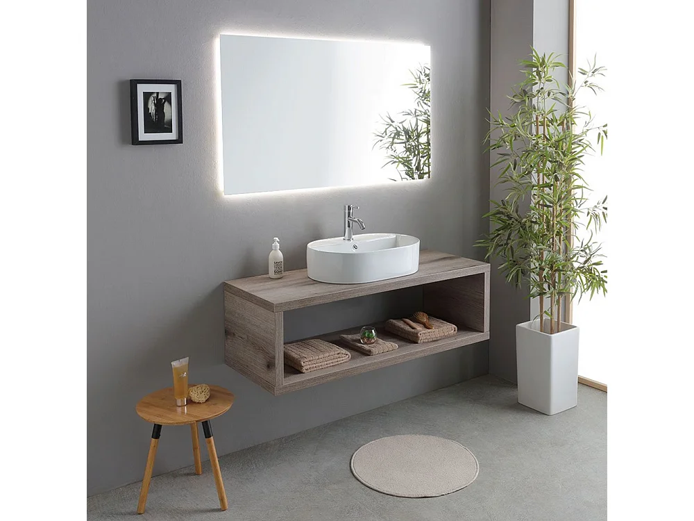 Mobile bagno sospeso rovere fossile "Samoa" 120 cm con lavabo ovale e specchio rettangolare LED