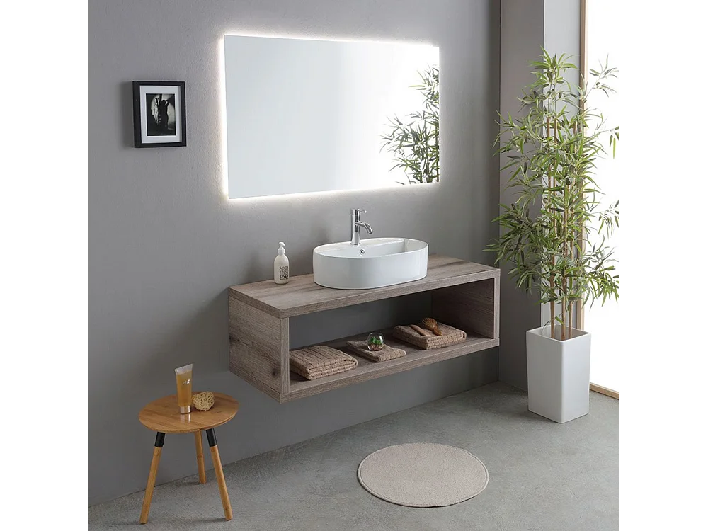 Mobile bagno sospeso rovere fossile "Samoa" 120 cm con lavabo ovale e specchio rettangolare LED
