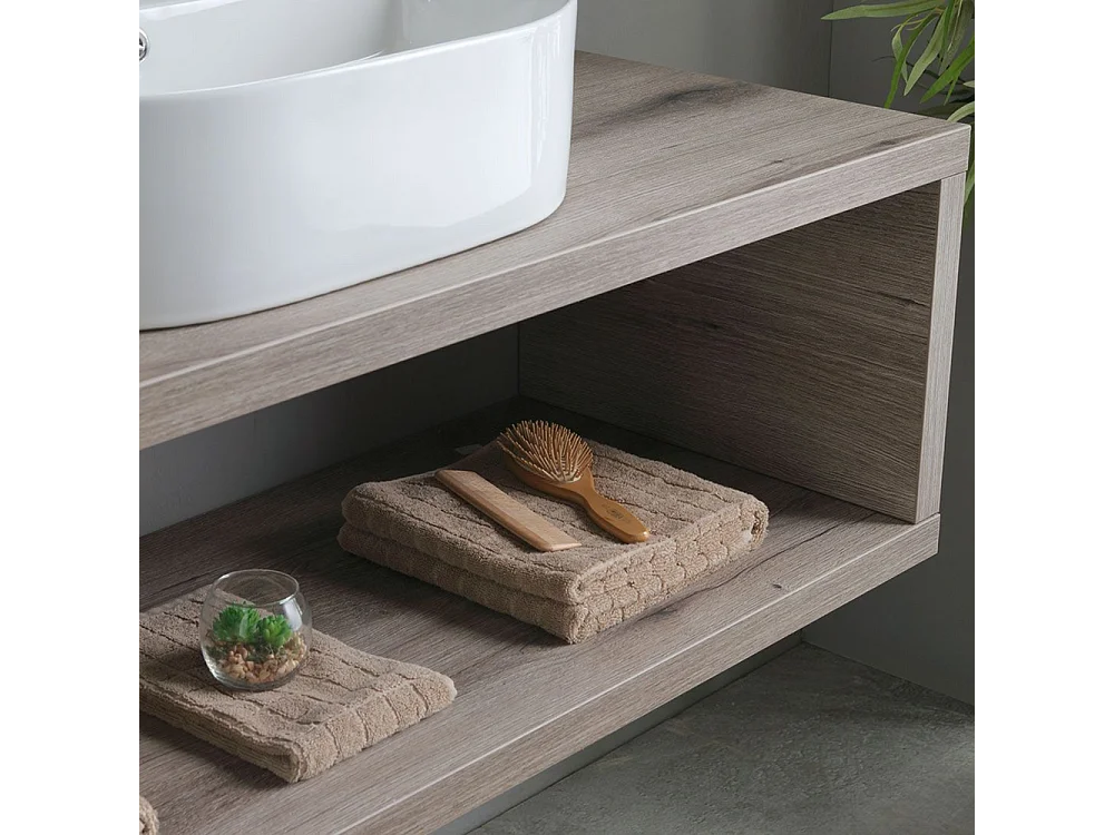 Mobile bagno sospeso rovere fossile "Samoa" 120 cm con lavabo ovale e specchio rettangolare LED