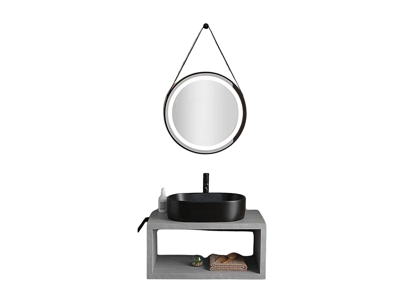 Mobile bagno sospeso grigio "Monaco" 80 cm con lavabo da appoggio nero opaco ovale e specchio tondo a led