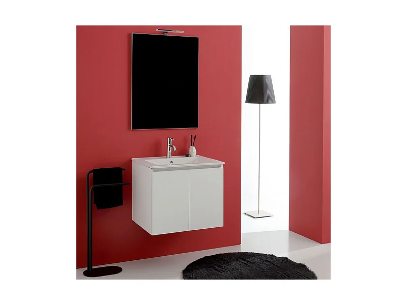 Mueble de baño blanco "Hydra" 60 cm suspendido con 2 puertas con lavabo y espejo