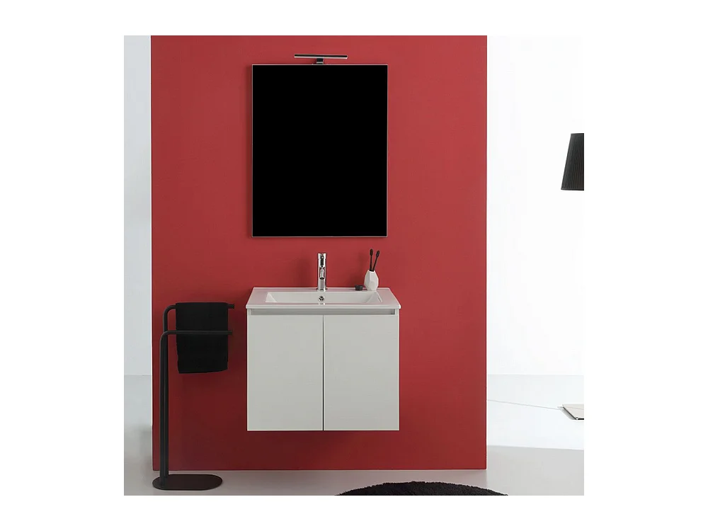 Mueble de baño blanco "Hydra" 60 cm suspendido con 2 puertas con lavabo y espejo