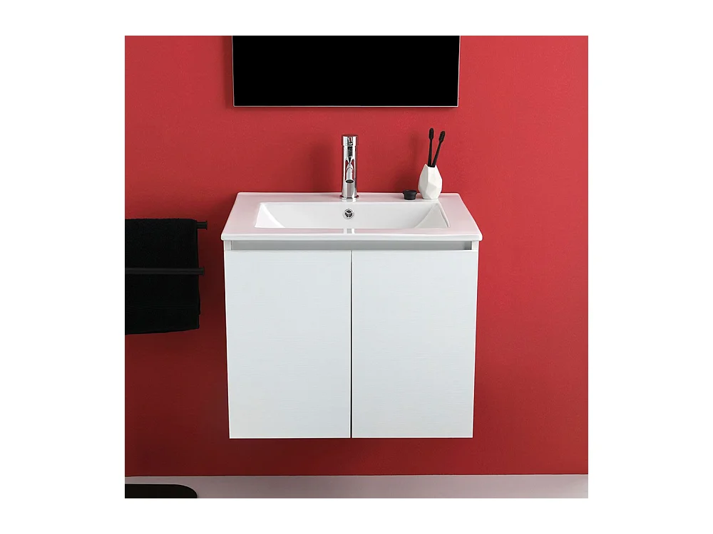 Mueble de baño blanco "Hydra" 60 cm suspendido con 2 puertas con lavabo y espejo