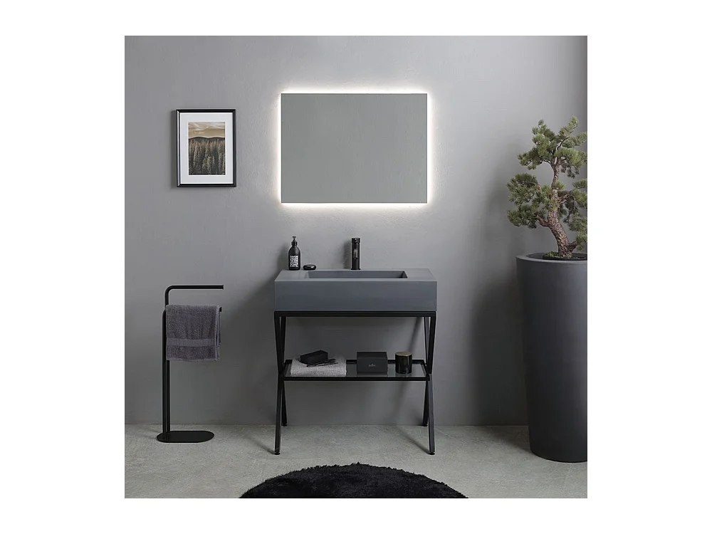 Meuble de salle de bain sur pied "Figi" 80 cm en résine grise avec vasque grise et miroir rectangulaire rétroéclairé par LED