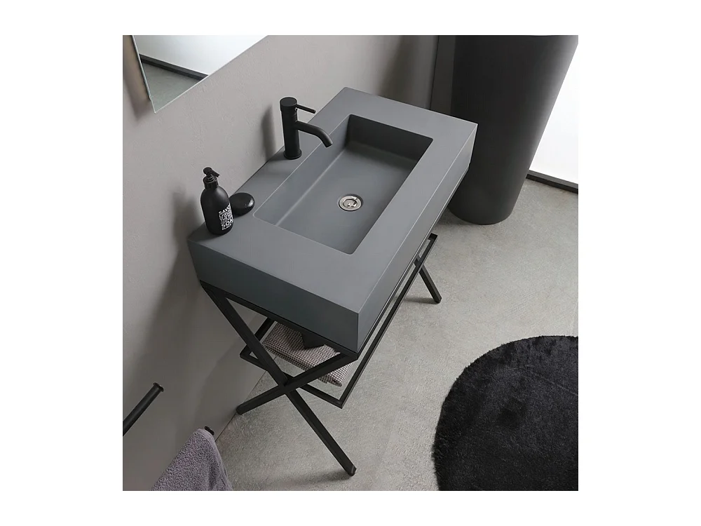 Meuble de salle de bain sur pied "Figi" 80 cm en résine grise avec vasque grise et miroir rectangulaire rétroéclairé par LED