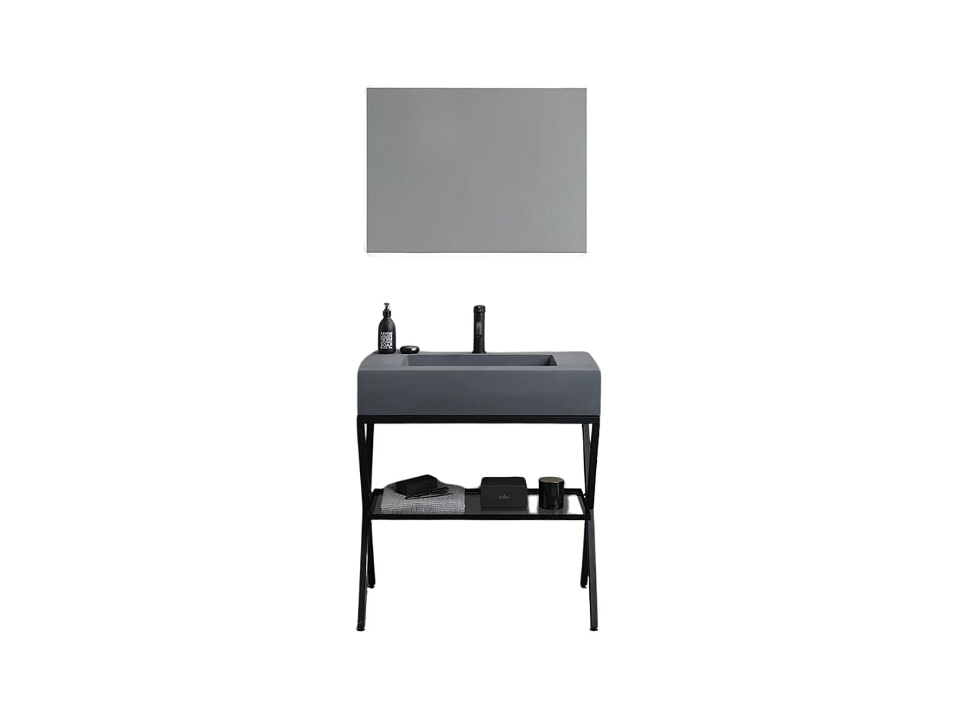 Mueble de baño de pie "Figi" de 80 cm de resina gris con lavabo gris y espejo rectangular con retroiluminación LED.