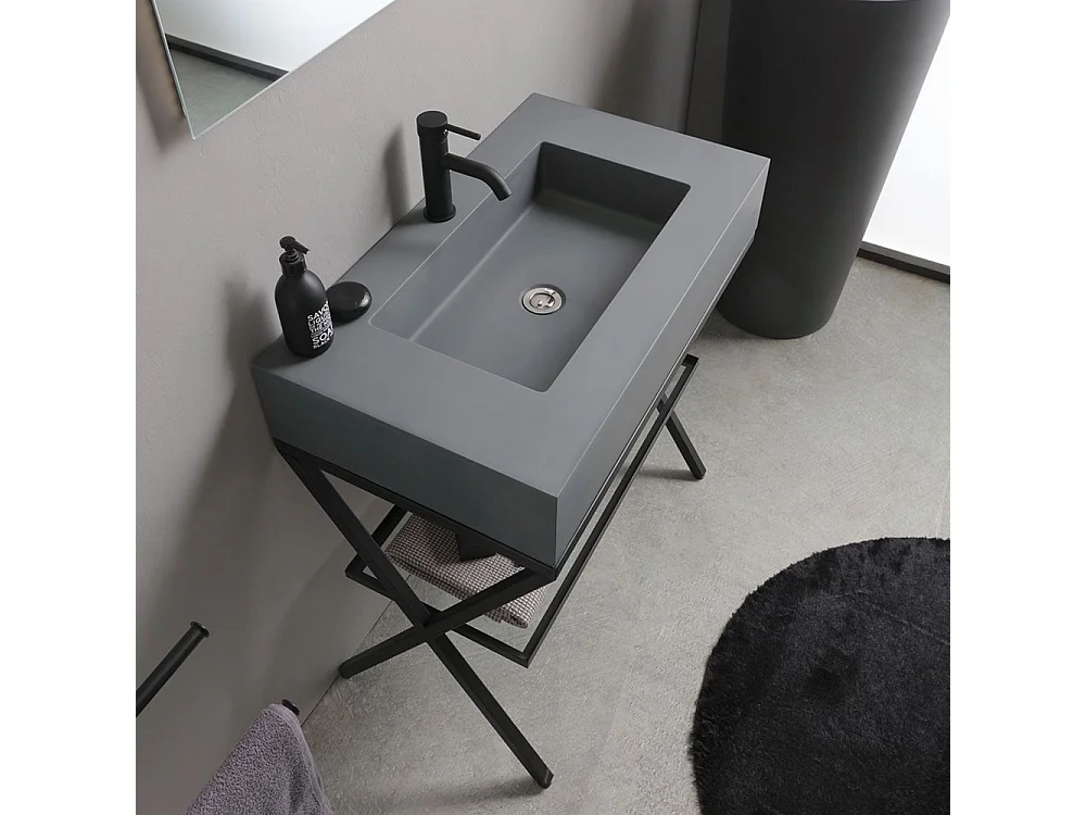 Móvel de casa de banho de chão "Figi" de 80 cm em resina cinzenta com lavatório cinzento e espelho retangular com iluminação LED