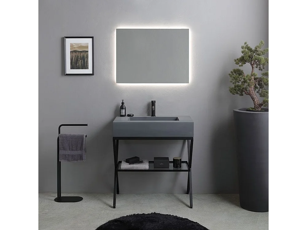 "Figi" 80 cm grauer Harz-Standbadezimmerschrank mit grauem Waschbecken und rechteckigem LED-hinterleuchtetem Spiegel