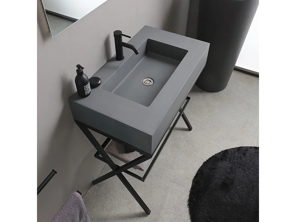 "Figi" 80 cm grauer Harz-Standbadezimmerschrank mit grauem Waschbecken und rechteckigem LED-hinterleuchtetem Spiegel