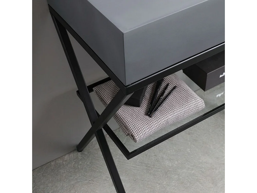 "Figi" 80 cm grauer Harz-Standbadezimmerschrank mit grauem Waschbecken und rechteckigem LED-hinterleuchtetem Spiegel