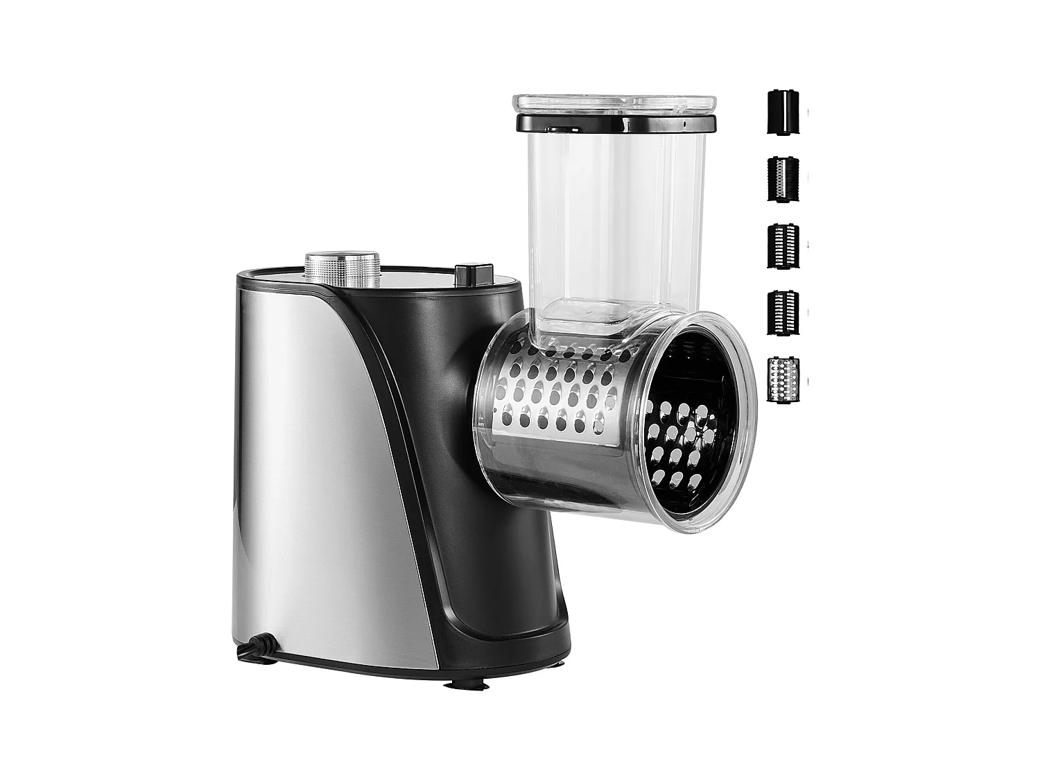 Râpe à Fromage Électrique SucceBuy 250 W, Machine à Salade, Trancheuse de Légumes, Tireur de Salade avec 5 Accessoires
