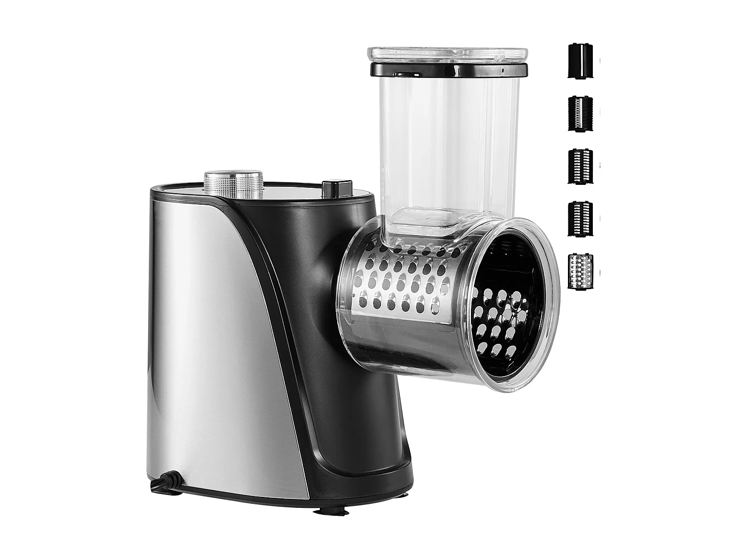 Râpe à Fromage Électrique SucceBuy 250 W, Machine à Salade, Trancheuse de Légumes, Tireur de Salade avec 5 Accessoires