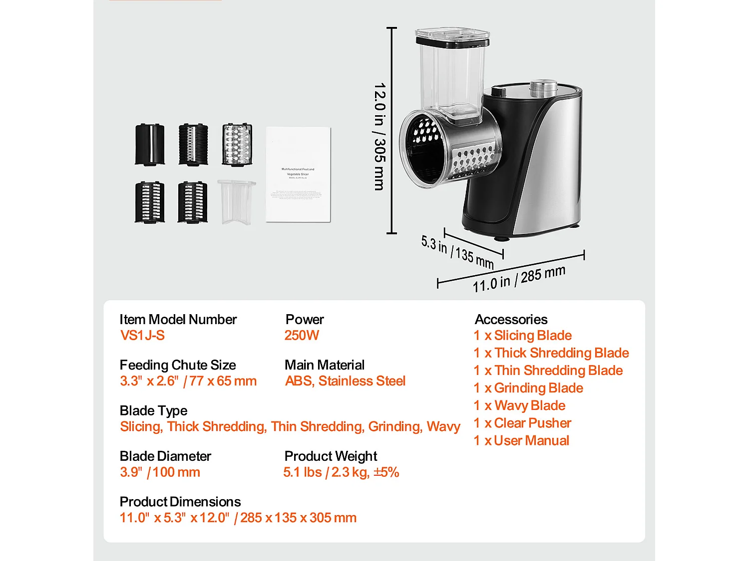 Râpe à Fromage Électrique SucceBuy 250 W, Machine à Salade, Trancheuse de Légumes, Tireur de Salade avec 5 Accessoires