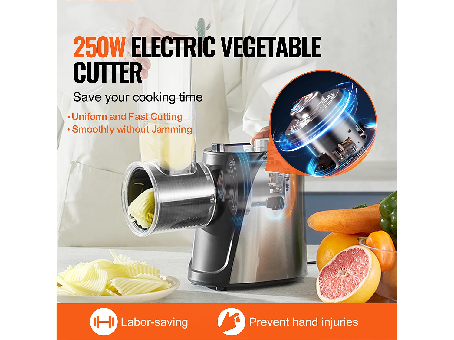 Râpe à Fromage Électrique SucceBuy 250 W, Machine à Salade, Trancheuse de Légumes, Tireur de Salade avec 5 Accessoires