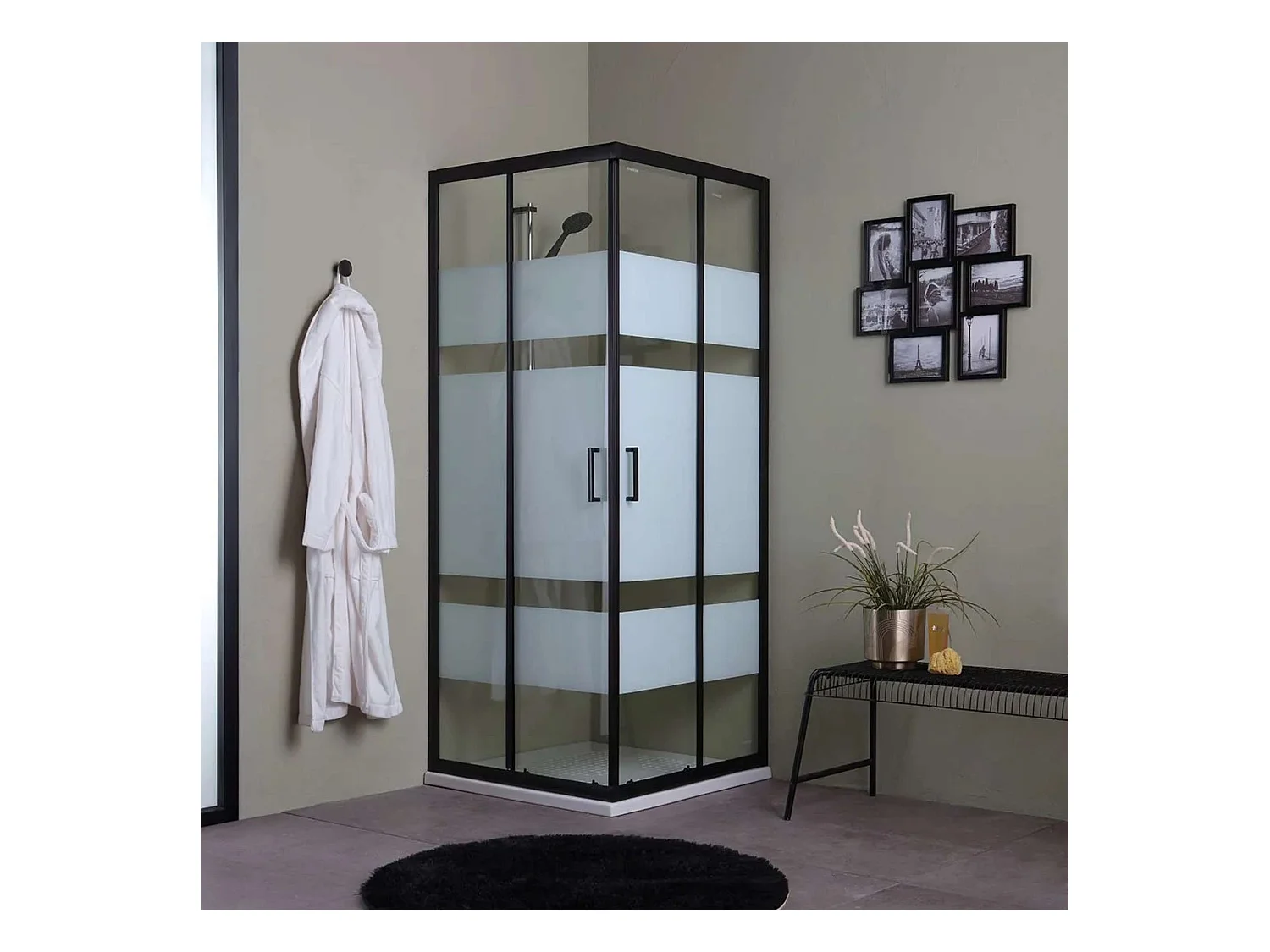 Moderne Duschkabine für Badezimmer „Cielo“ mit Schiebetür, Siebdruck und mattschwarzem Profil, 80 x 100 cm, 190 h