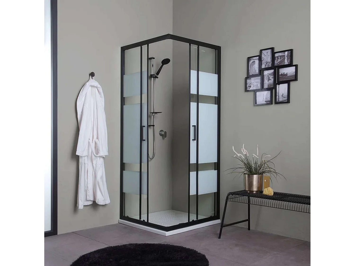 Moderne Duschkabine für Badezimmer „Cielo“ mit Schiebetür, Siebdruck und mattschwarzem Profil, 80 x 100 cm, 190 h