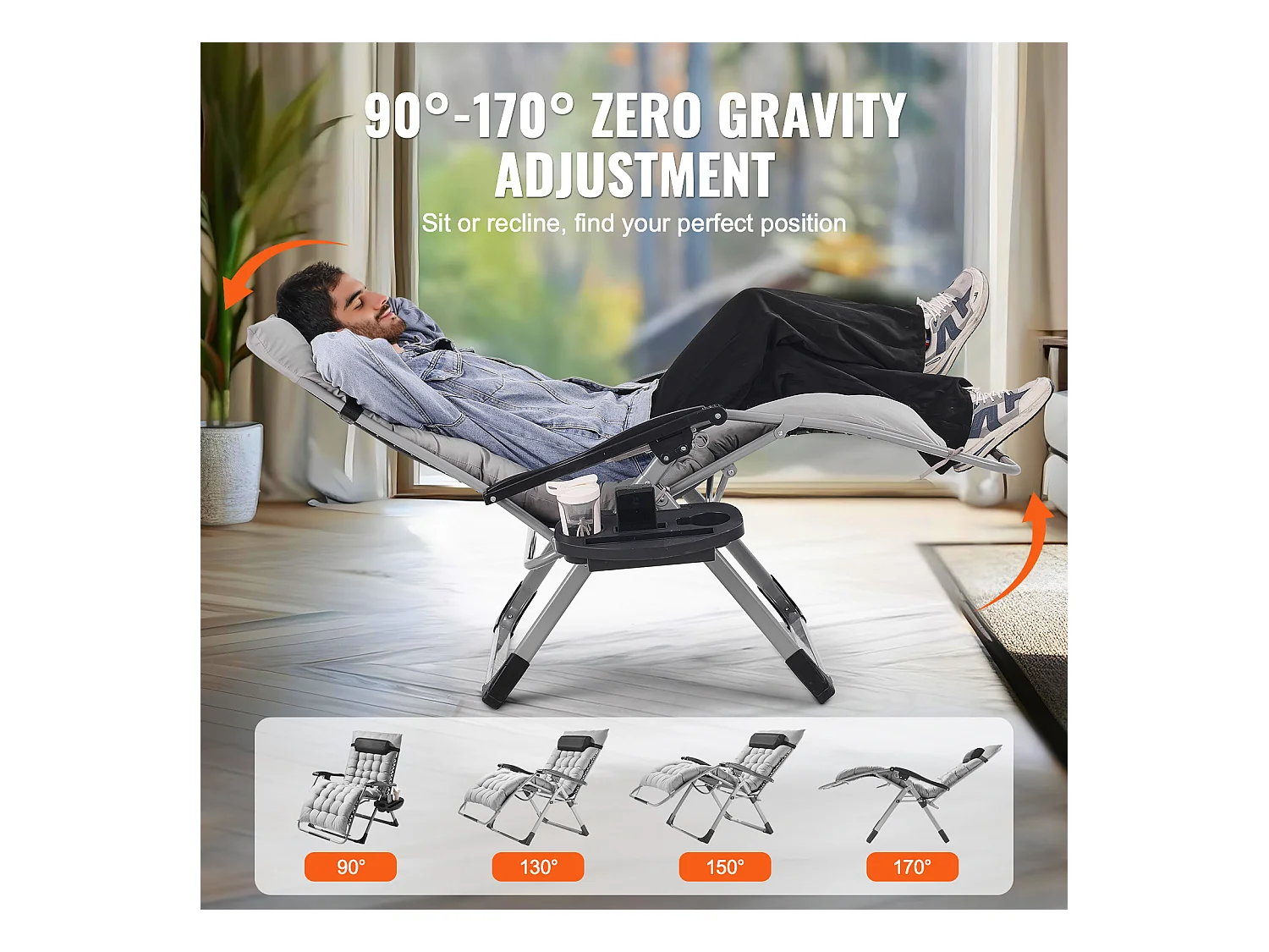 Bain de Soleil SucceBuy Chaise Longue Inclinable Zero Gravity de 83 cm pour Intérieur et Extérieur, Grise