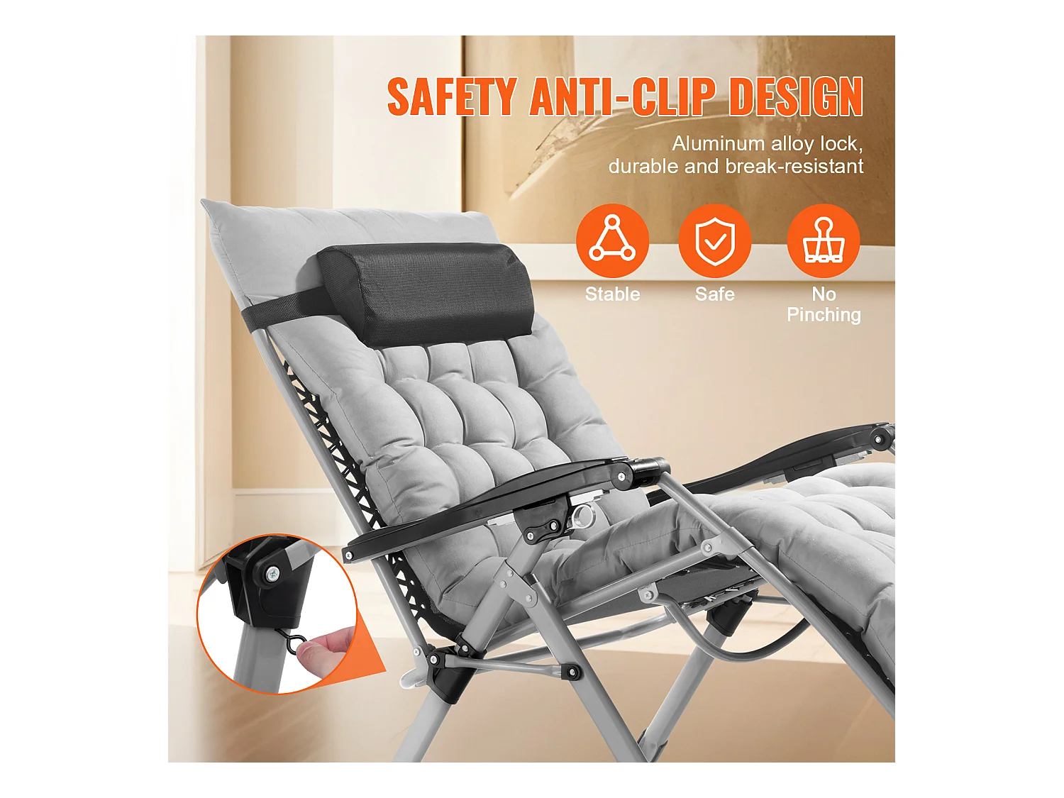 Bain de Soleil SucceBuy Chaise Longue Inclinable Zero Gravity de 83 cm pour Intérieur et Extérieur, Grise