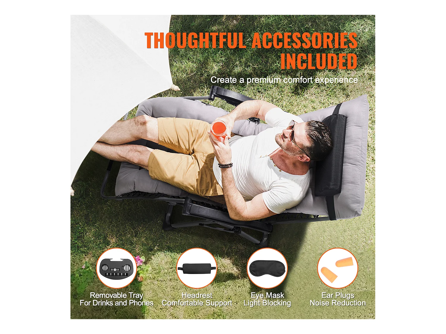 Bain de Soleil SucceBuy Chaise Longue Inclinable Zero Gravity de 83 cm pour Intérieur et Extérieur, Grise