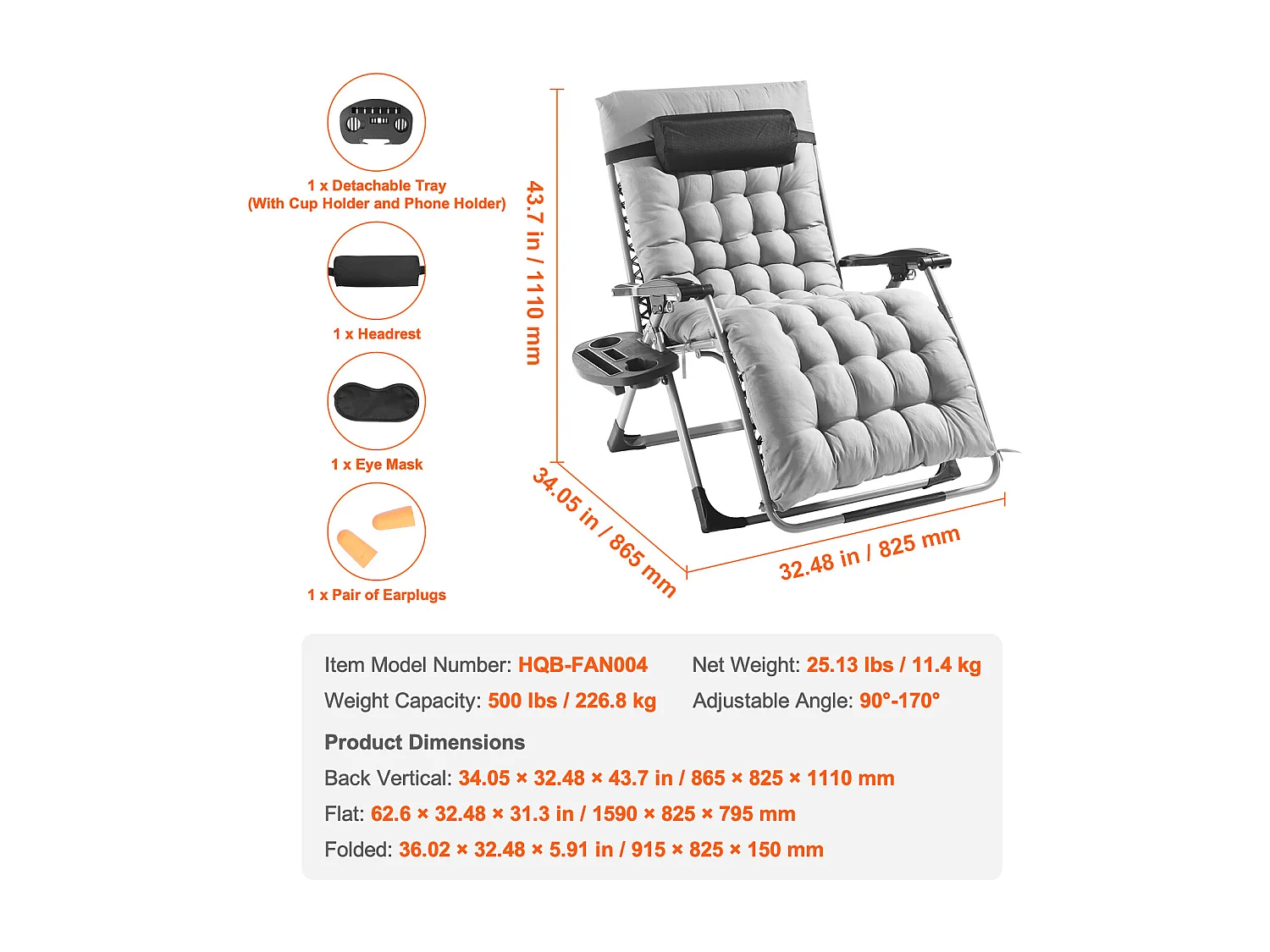 Tumbona Reclinable SucceBuy Tumbona Reclinable de 83 cm con Gravedad Cero, para Interior y Exterior, Color Gris