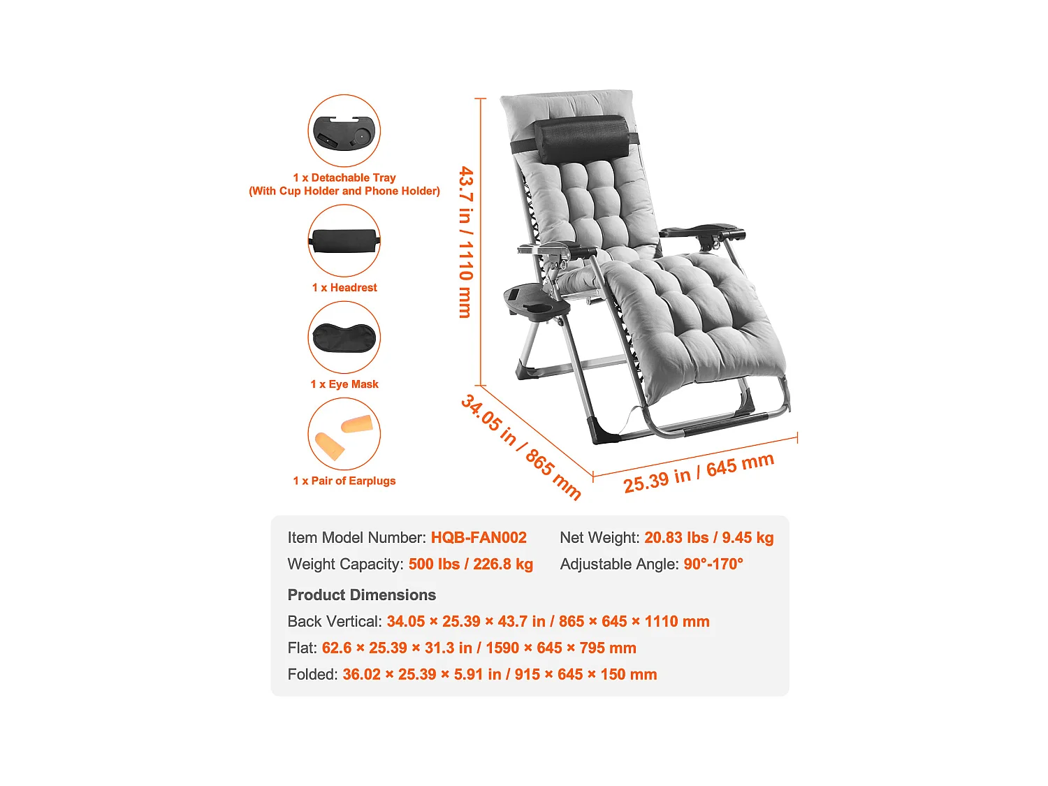 Bain de Soleil SucceBuy Chaise Longue Inclinable Zero Gravity de 66 cm pour une Utilisation en Intérieur et en Extérieur Gris