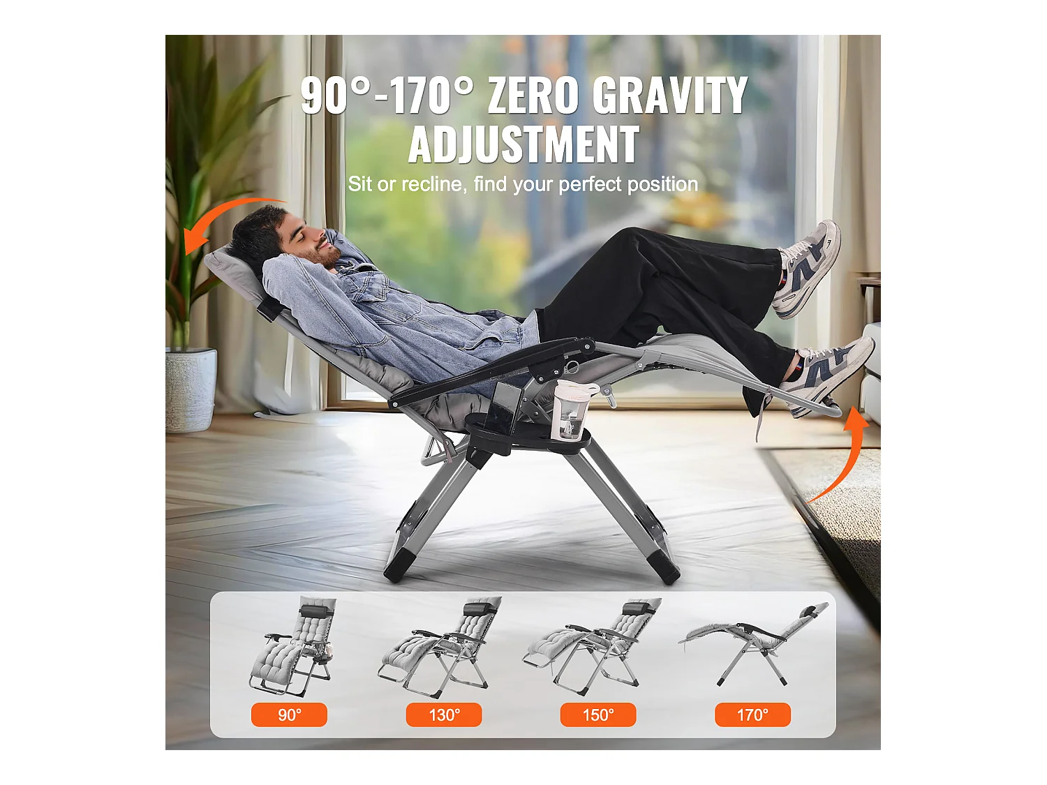 Bain de Soleil SucceBuy Chaise Longue Inclinable Zero Gravity de 66 cm pour une Utilisation en Intérieur et en Extérieur Gris