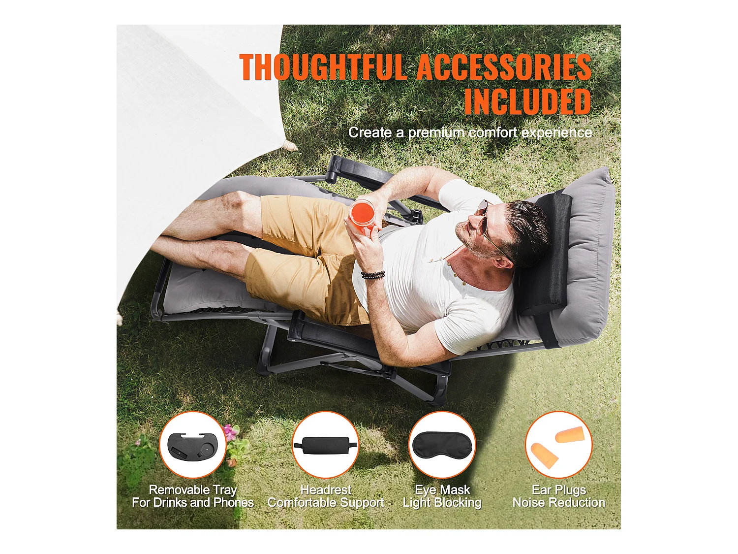 Bain de Soleil SucceBuy Chaise Longue Inclinable Zero Gravity de 66 cm pour une Utilisation en Intérieur et en Extérieur Gris