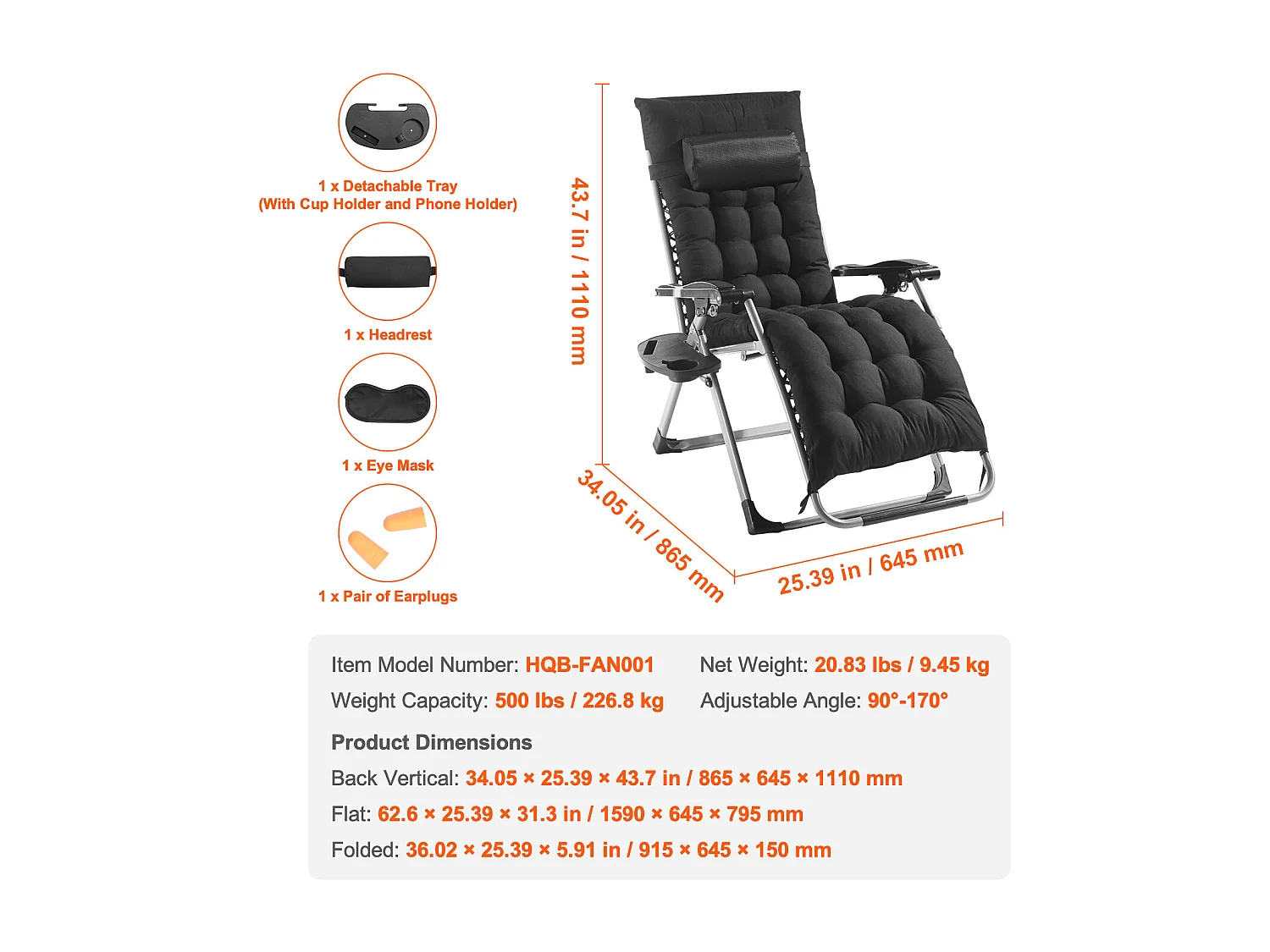 Bain de Soleil SucceBuy Chaise Longue Inclinable Zero Gravity 66 cm pour une Utilisation en Intérieur et en Extérieur