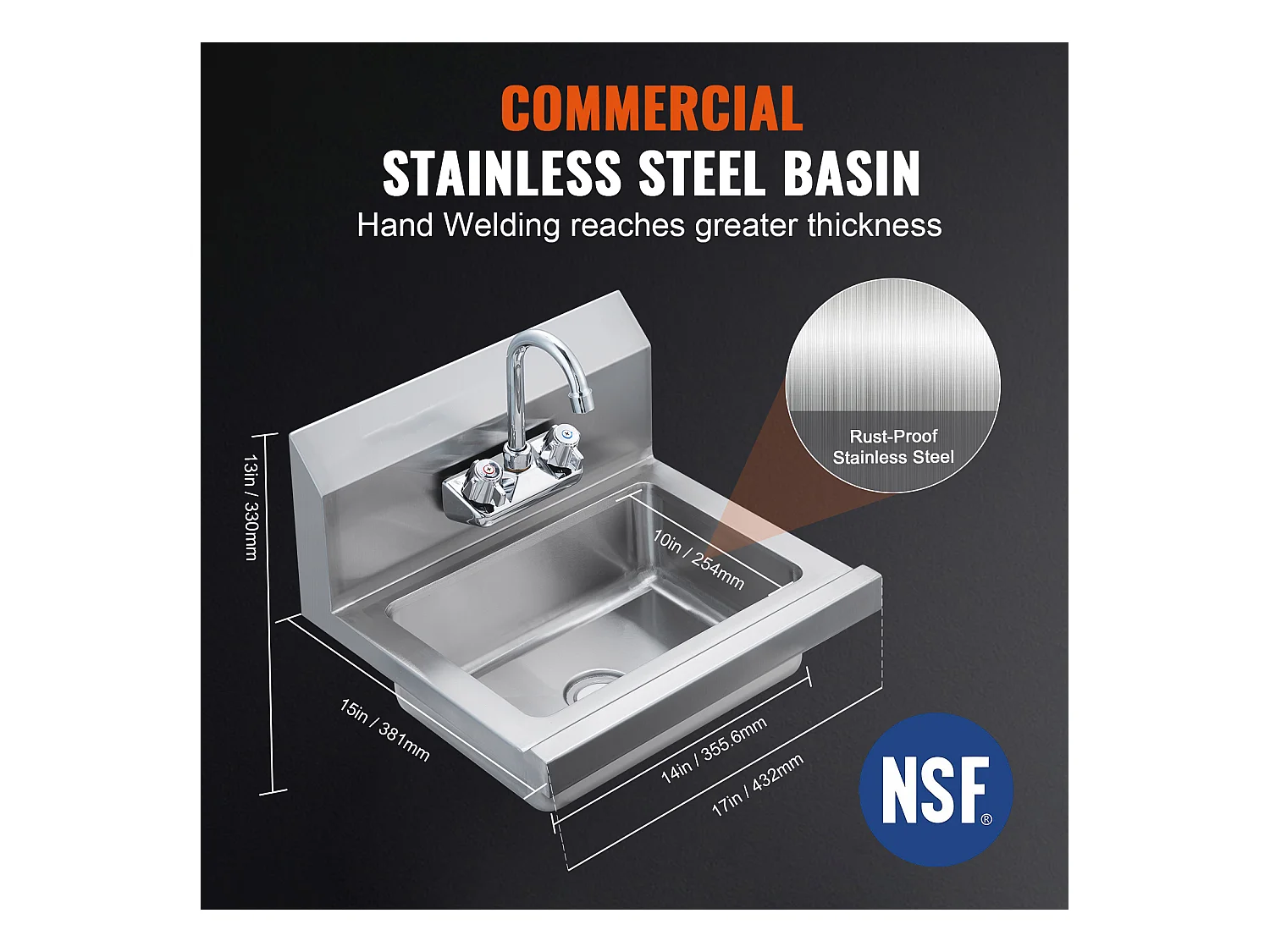 Lava-Loiça de Aço Inoxidável SucceBuy, 43 x 33cm, NSF, Montagem na Parede, Lava-Loiça de Restaurante