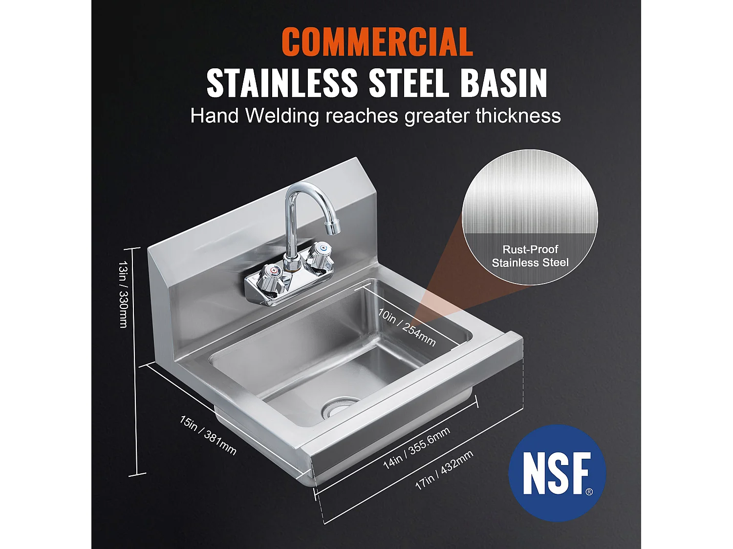 Edelstahl-Waschbecken SucceBuy, 43 x 33cm, NSF-zertifiziert, Wandmontage, für Restaurant