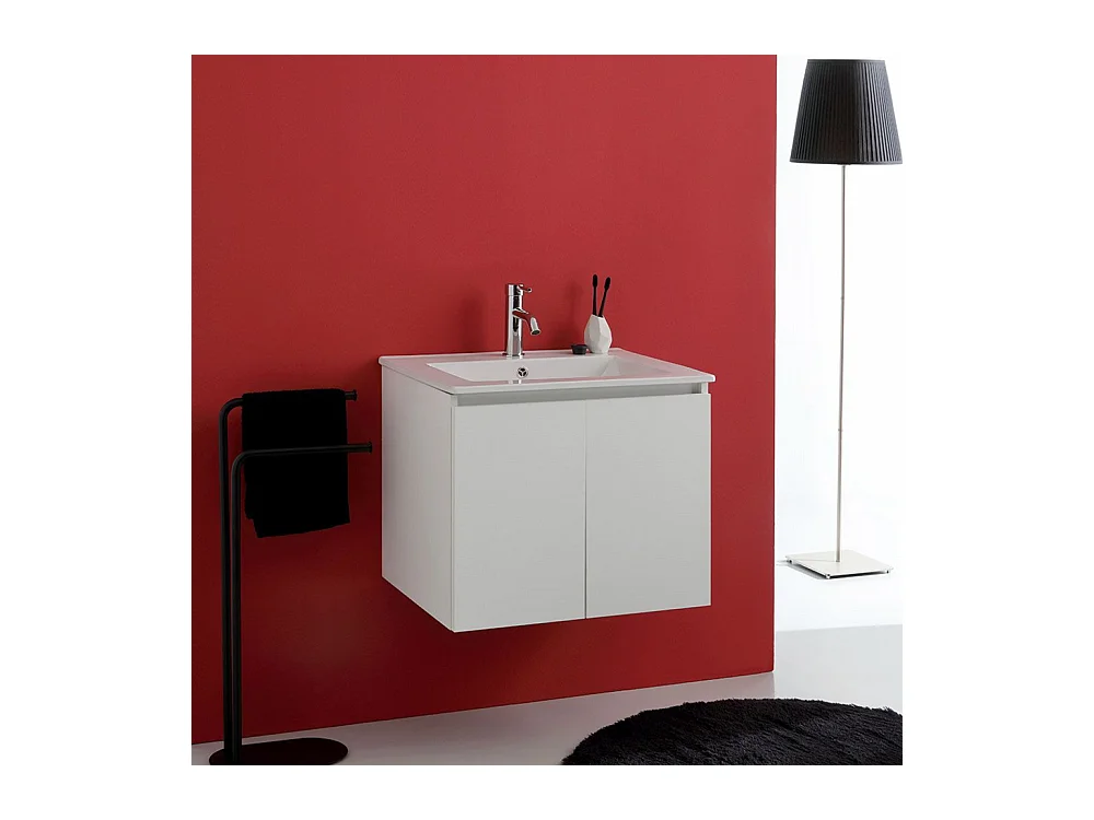 Meuble de salle de bain suspendu « Lefkada » 60 cm avec 2 portes blanches et vasque en céramique
