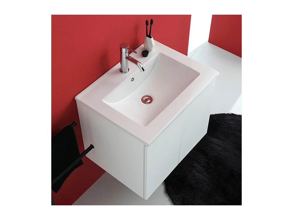 Meuble de salle de bain suspendu « Lefkada » 60 cm avec 2 portes blanches et vasque en céramique