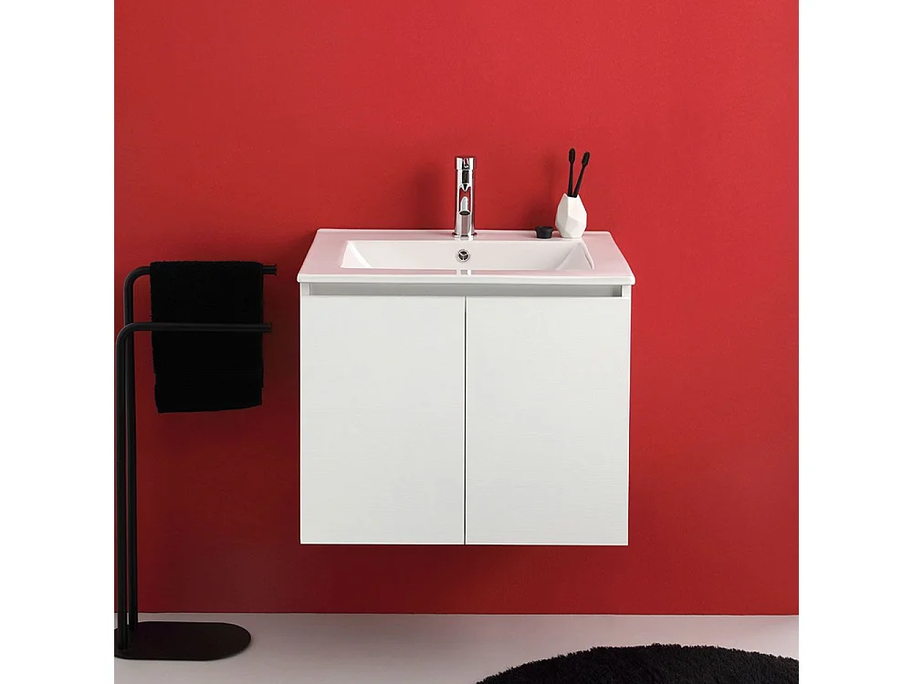 Szafka łazienkowa wisząca "Lefkada" 60 cm z 2 białymi drzwiami i ceramiczną umywalką