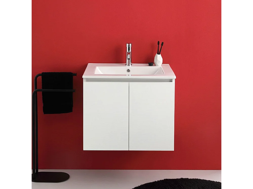 Szafka łazienkowa wisząca "Lefkada" 60 cm z 2 białymi drzwiami i ceramiczną umywalką