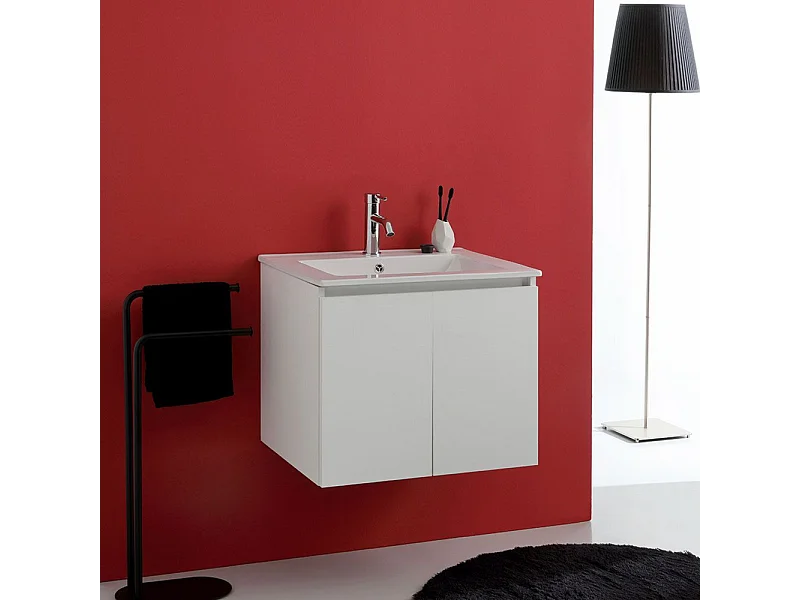 Mobile bagno sospeso 60 cm "Lefkada" a 2 ante bianco con lavabo in ceramica