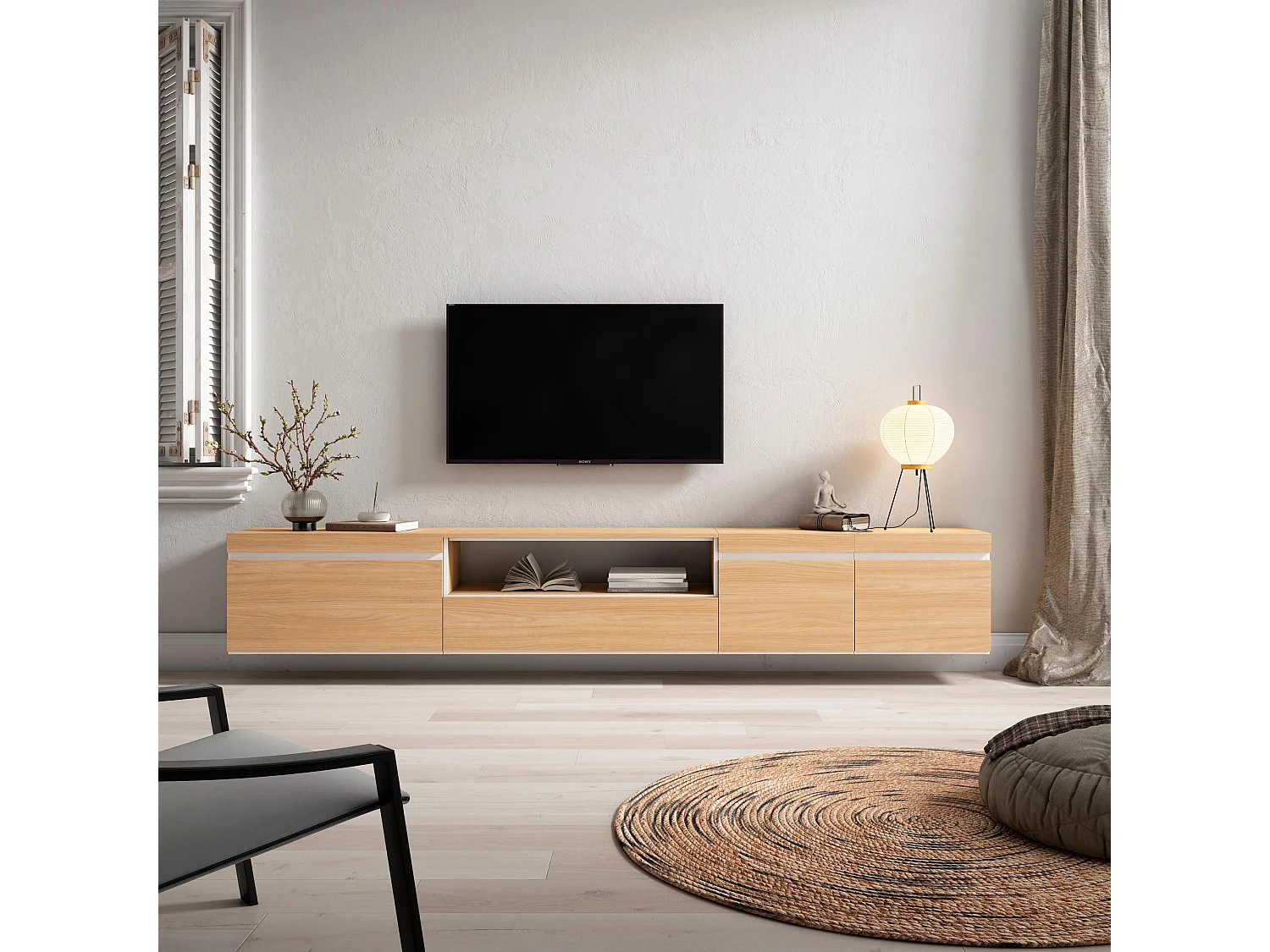 Meuble TV, Banc Télé, 288x35x45 cm, TV grand format, Suspendu, Mural, Chêne soft et blanc