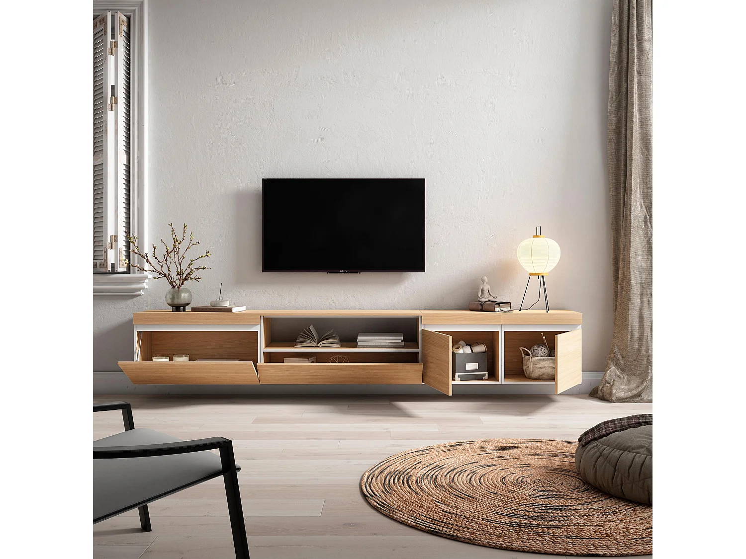 Meuble TV, Banc Télé, 288x35x45 cm, TV grand format, Suspendu, Mural, Chêne soft et blanc