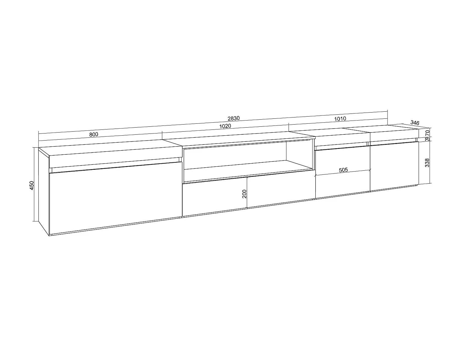 Meuble TV, Banc Télé, 288x35x45 cm, TV grand format, Suspendu, Mural, Chêne soft et blanc