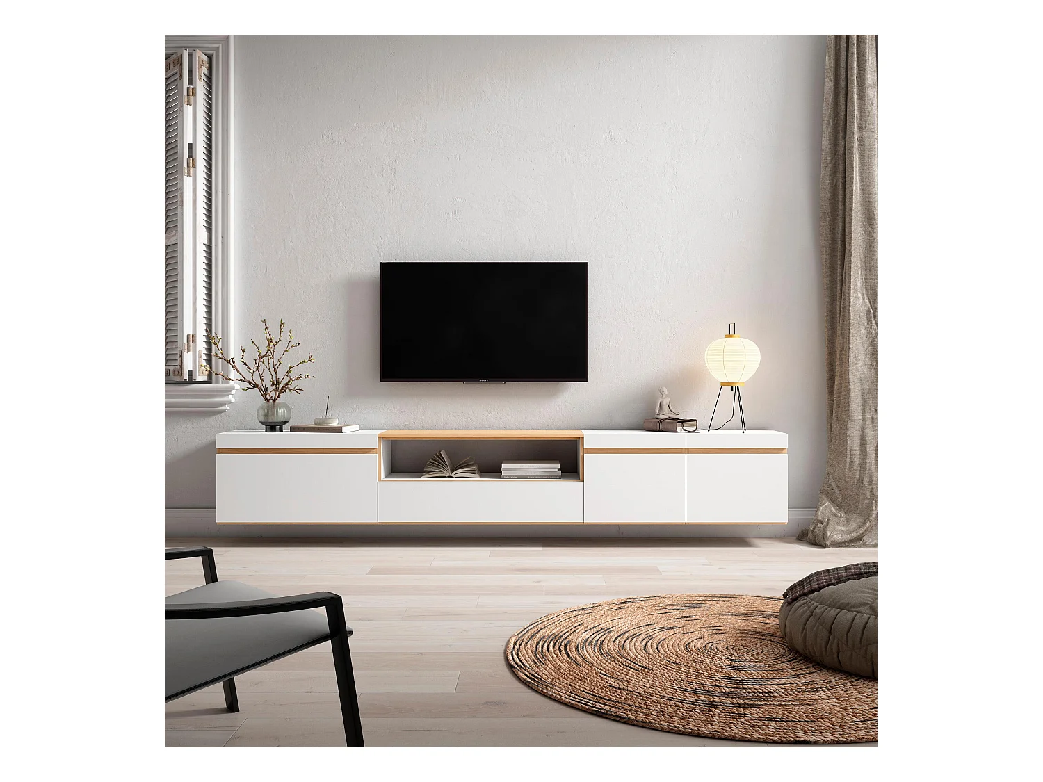 Meuble TV, Banc Télé, 288x35x45 cm, TV grand format, Suspendu, Mural, Blanc et Chêne Soft