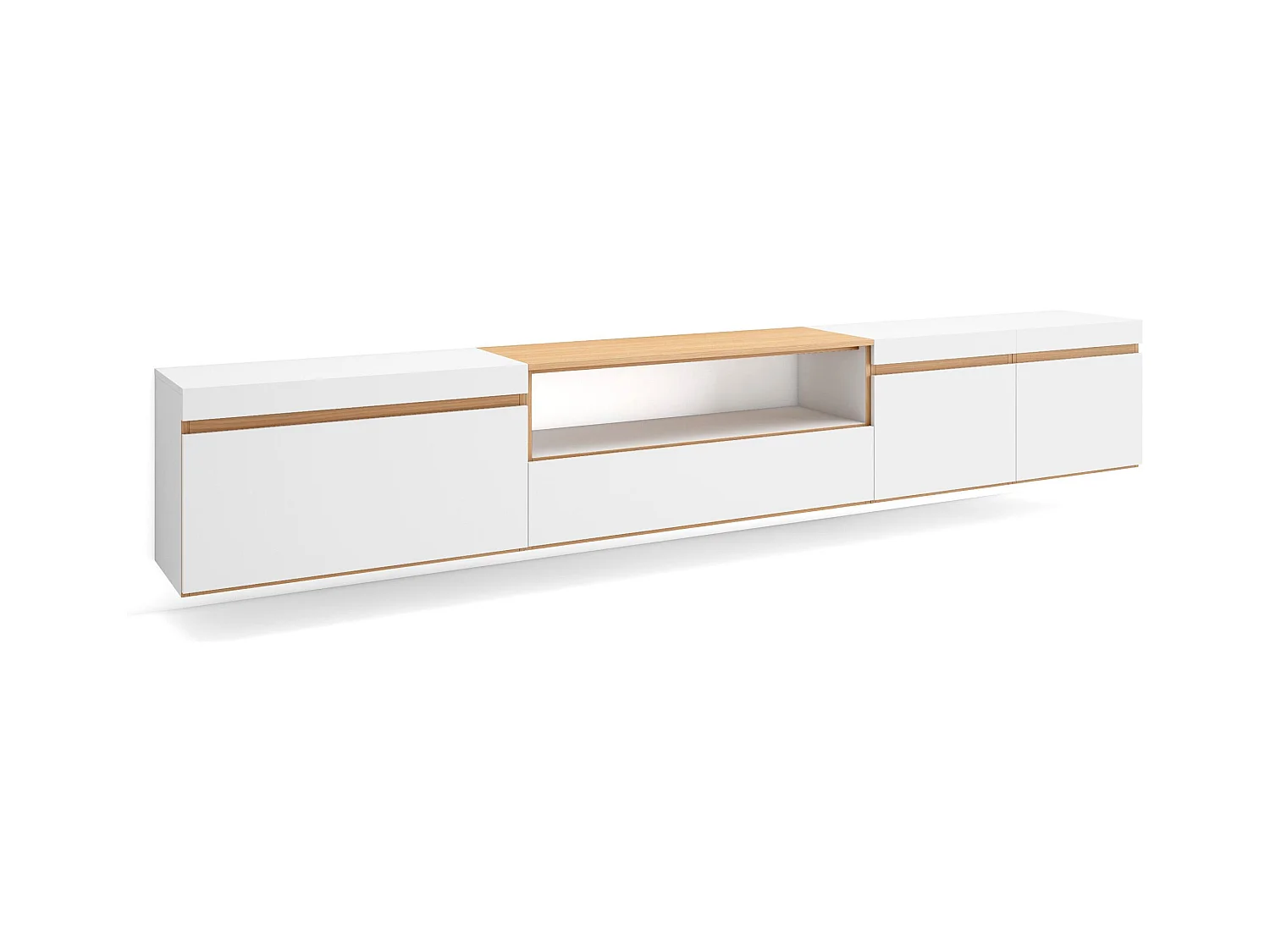 Meuble TV, Banc Télé, 288x35x45 cm, TV grand format, Suspendu, Mural, Blanc et Chêne Soft